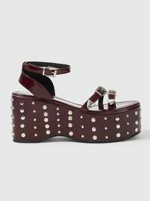 ROMWE Grunge Punk Ladies, Spike Buckles, Lame-Heeled Platform Sandals. Summer - Burgundy - View 6