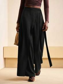 Zivah Women's Black Summer Classy Elegant Vacation Loose Wide Leg Pants,Front Panel Overlay Waist Tie Trousers,Business Casual Commute Minimalist Style - Black - View 1