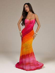 SHEIN PETITE Nouvelle arrivée Style vacances Robe maxi bohème multicolore à dos nu avec imprimé ombré arc-en-ciel romantique en maille - Rouge - Voir 7