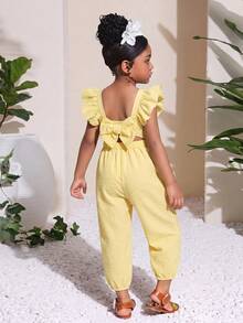 SHEIN Young Girl Textured Ruffle Sleeve Loose Jumpsuit - Yellow - View 3