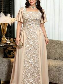 Modelyn Vestido elegante de mujer de talla grande con mangas de volantes y estampado jacquard, de estilo urbano y grácil, en color albaricoque - Albaricoque - Ver 5