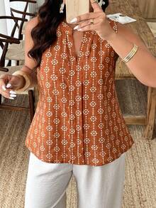 Weeklong Plus Size Women's Casual Round Neck Sleeveless Random Floral Print Shirt, Suitable For Vacation And Daily Wear, Spring/Summer - Multicolor - View 3