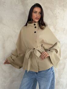 Aloruh Khaki Cinched Waist Short Women's Trench Coat, Versatile For Autumn/Winter, Early Fall Outfits Teachers' Day Office Smart Casual Elegant French - Khaki - View 9