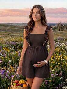 SHEIN Jumpsuit Hamil Tanpa Lengan dengan Tali Depan dan Punggung Terbuka, Warna Polos, Musim Panas - Coklat - View 2
