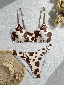 2pcs/Set Swim Mod 2026 Summer Beach Vacation Fashionable Casual Sexy Cow Print Bikini Set, Suitable For Beach Holiday Wear, Cow Print Pattern Two Pieces Swimsuit Set - Multicolor - View 3