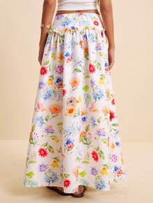 LOTSLUV Women's Elegant Vaquera Tropical Lovely Boho Summer Vacation Long Skirt - White Floral Base With Ditsy Print Ruffled Smocked Waist Loose Casual Party - Multicolor - View 2