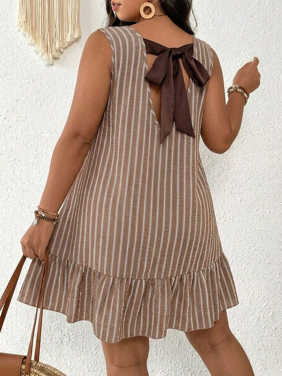 SHEIN Frenchy Plus Size Casual White Sleeveless Dress For Women,Bow Tie Back Ruffle Boho Summer Holiday Outfit,Vacation Beach Vacation Graduation Ceremony Dresses - Brown - View 1