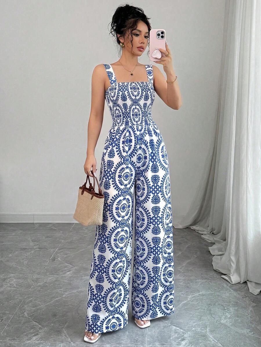 SHEIN Raffinéa Women's Vacation Printed Sleeveless Jumpsuit - Blue - View 1