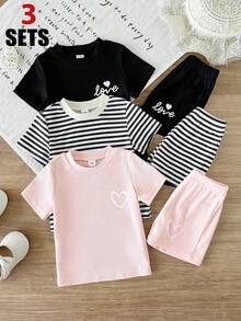 SHEIN 6pcs/Baby Girl's Summer Short-Sleeved Solid Color Knitted Ribbed Top And Shorts Set With Cute And Fun Cherry, Strawberry, And Lemon 3D Patch Decorations - Multicolor - View 1