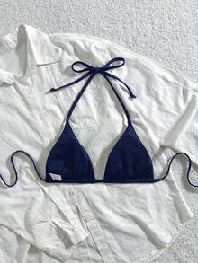 Swim Basics Women's Summer Beach Vacation Keyhole Design Sexy Halter Bikini Top - Navy Blue - View 2