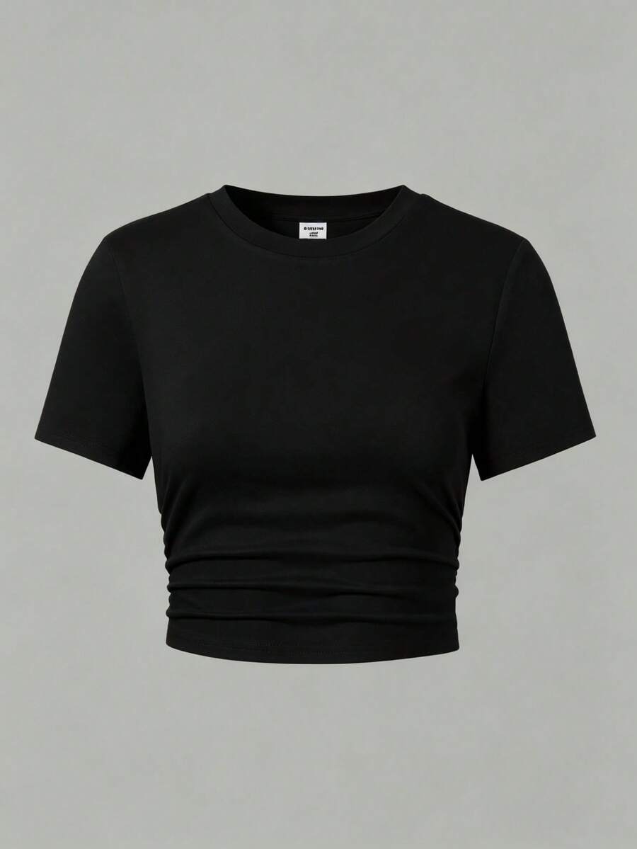 Camiseta de manga corta casual diaria ajustada con cuello redondo y fruncido para niña preadolescente - Negro - Ver 1