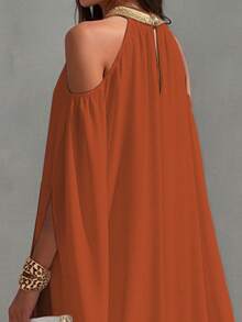 SHEIN LUNE Vestido largo con cuello en V, manga larga, abertura lateral, decorado con bordado de lentejuelas doradas y hombros abiertos drapeados para mujeres - Naranja - Ver 4