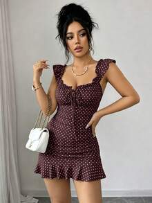 Selianne Women's Polka Dot Pleated Dress, Fashionable For Dates And Parties - Brown - View 4