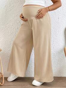 Plussiva Plus Size Maternity Solid Color Comfortable Casual Soft Form Adjustable Waist Wide Leg Pants Dates Summer - Apricot - View 5