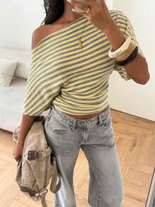 Aloruh Asymmetric Shoulder Loose Top With Cinched Waist, Minimalist Basic T-Shirt - Light Yellow - View 4