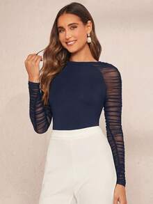 Amorya Blusa elegante de malla y parches para mujer - Azul Marino - Ver 3