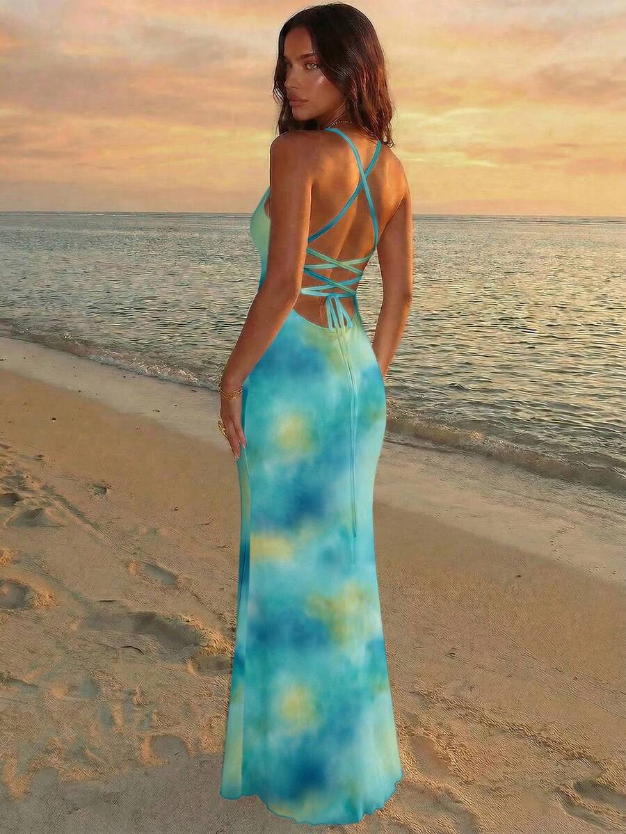 Aloruh Đầm nữ thanh lịch, tươi mát, màu xanh lá cây nhuộm tie-dye, in họa tiết toàn thân, hở lưng, cổ yếm, thích hợp cho kỳ nghỉ hè, đi biển, lễ hội âm nhạc, kỳ nghỉ hè. - màu xanh lá - Xem 1