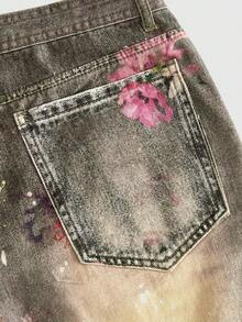 ROMWE MEN Quần short denim nam dáng rộng in họa tiết retro, kiểu dáng thường ngày, đa năng cho mùa hè. - Màu nâu  Mocha - Xem 5