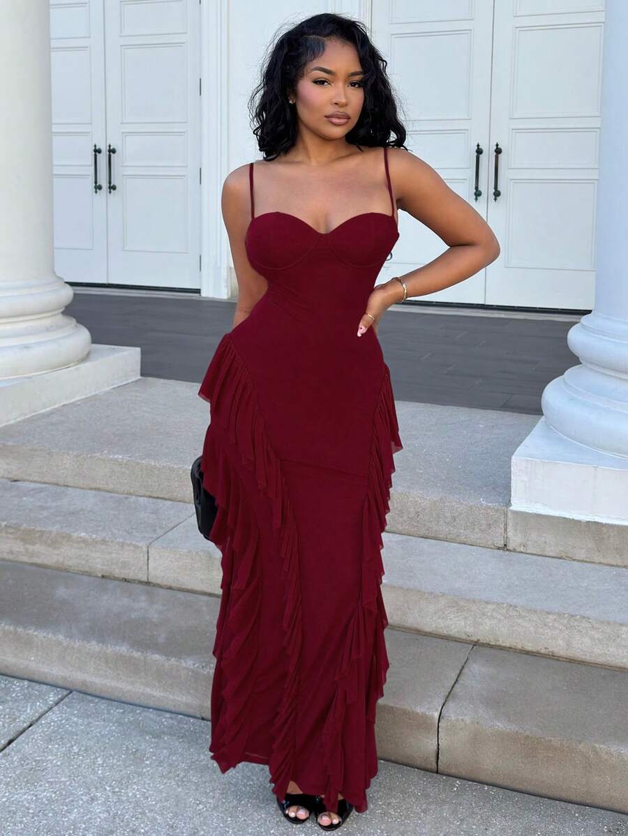 Alexandranx Spring Summer Vacation Red Solid Color Sexy Elegant Spaghetti Strap Ruffled Fishtail Backless Metal Button 3D Flower Ribbon Sexy Dress Party - Burgundy - View 1