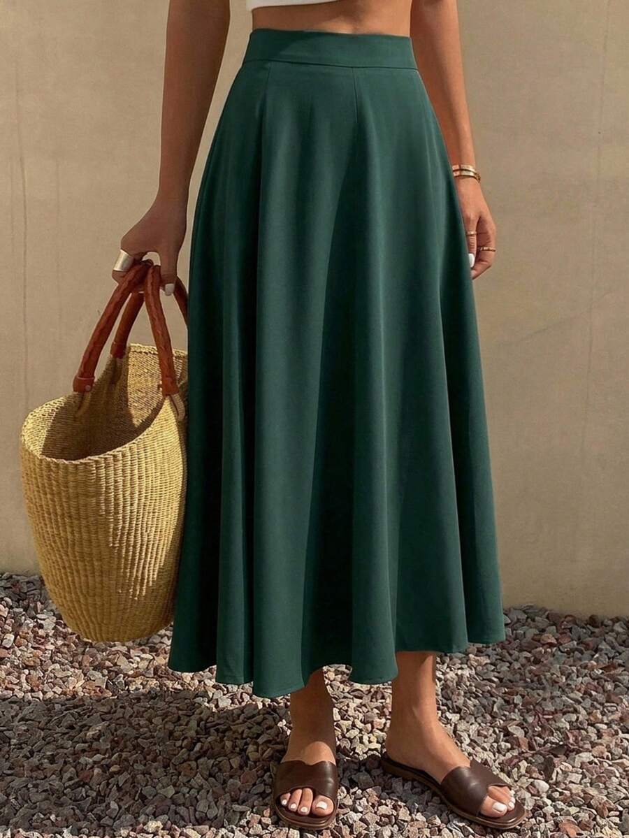 DAZY Women's Solid Color Elegant Flare Skirt For Commuting Fall - Dark Green - View 1