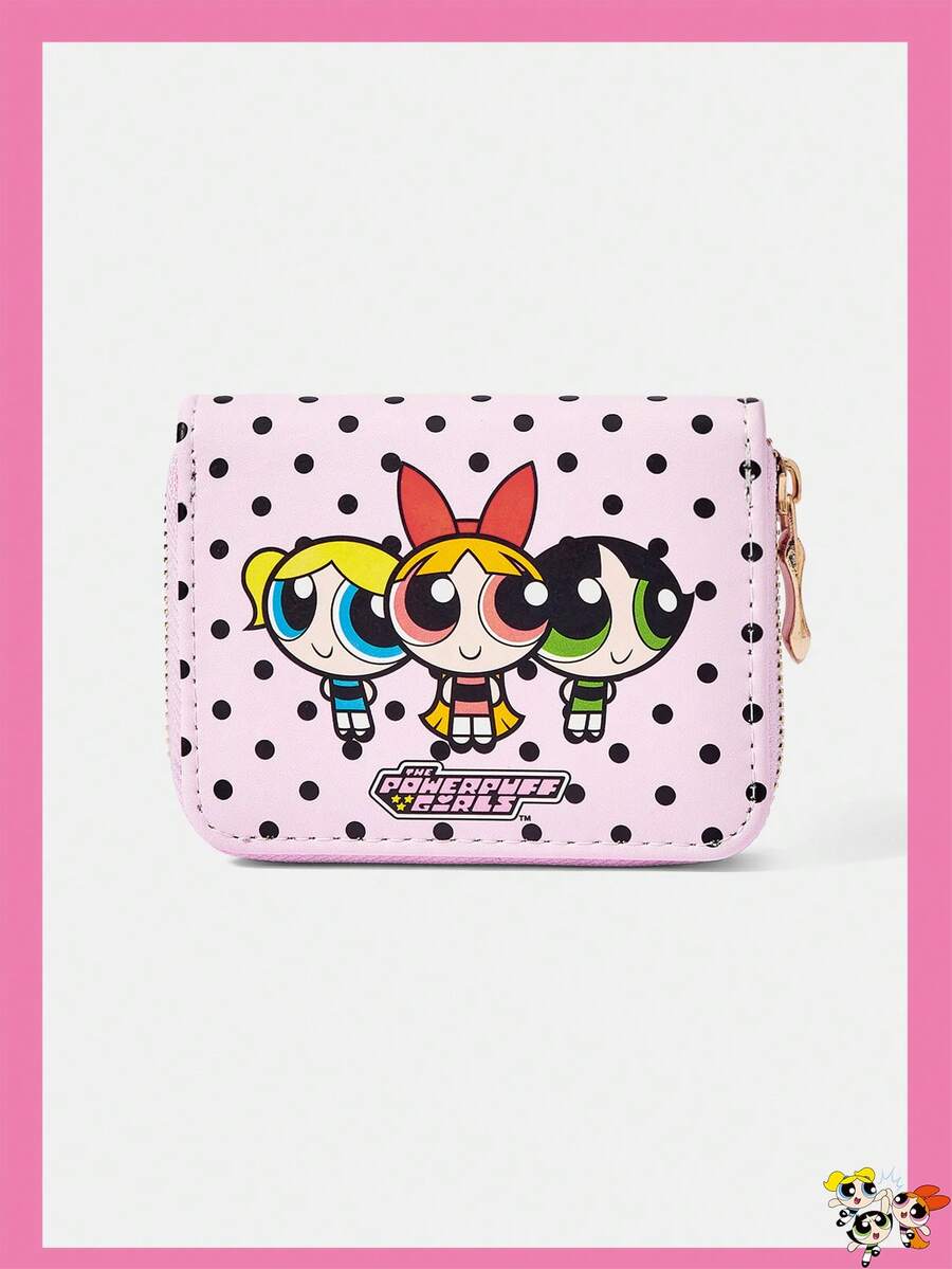 THE POWERPUFF GIRLS X SHEIN 滿版圓點女警花紋拉鍊錢包,多卡收納包,附零錢袋與輕量身分證夾,適合女性/女孩,可作為青少年、學生、老師的禮物,亦可作為校園與商務名片包使用 - 粉色 - 查看 1