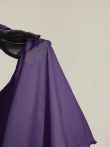 SHEIN ICON 大尺碼女款前褶皺修身性感網紗拼接荷葉袖露背休閒度假短版背心上衣，秋季，返校季 - 紫色 - 查看 10