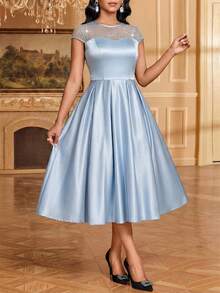 SHEIN Lady Women's Elegant Short Sleeve Mid-Length Mesh Patchwork Rhinestone Decor Dress Dinner Date Light Blue Summer - Lake Blue - View 6