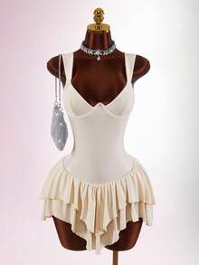 Amplova Wide Top Narrow Bottom Spaghetti Strap Underwire Bra Cup Inverted V Asymmetric Hem Backless Mini Dress For Women - Apricot - View 6