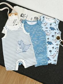 SHEIN 3件/組新生兒中性嬰兒服裝，買1送2，可愛無袖恐龍印花連身褲適合男嬰，基礎恐龍嬰兒套裝，新生兒中性服裝，3件休閒卡通恐龍印花連身褲套裝適用於生日派對、晚會、表演、婚禮、滿月慶祝、洗禮和首週年嬰兒派對 - 彩色 - 查看 3