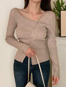 DAZY Women's Spring & Autumn Casual Solid Color Oblique Shoulder Cardigan,Long Sleeve Tops,Fall Women Clothes - Mocha Brown - View 4