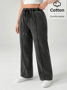 SHEIN PETITE CURVE 大码纯色休闲裤 - 深灰色 - 查看 10
