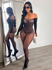 ChaseTheNight 1 pieza Bodystocking sexy para mujer - Negro - Ver 3
