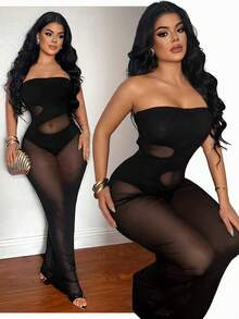 SHEIN SXY Vestido negro de malla sexy con parches sin mangas - Negro - Ver 2