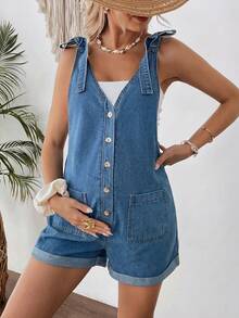 SHEIN Áo liền quần denim một hàng cúc, thắt nút vai dành cho bà bầu, kiểu dáng thường ngày đa năng. - Màu xanh lam - Xem 1