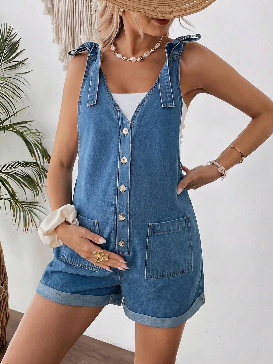 SHEIN Áo liền quần denim một hàng cúc, thắt nút vai dành cho bà bầu, kiểu dáng thường ngày đa năng. - Màu xanh lam - Xem 1