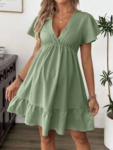 SHEIN Women's V-Neck Ruffle Trim Maternity Midi Dress With Puff Sleeves, Apricot - Army Green - View 4