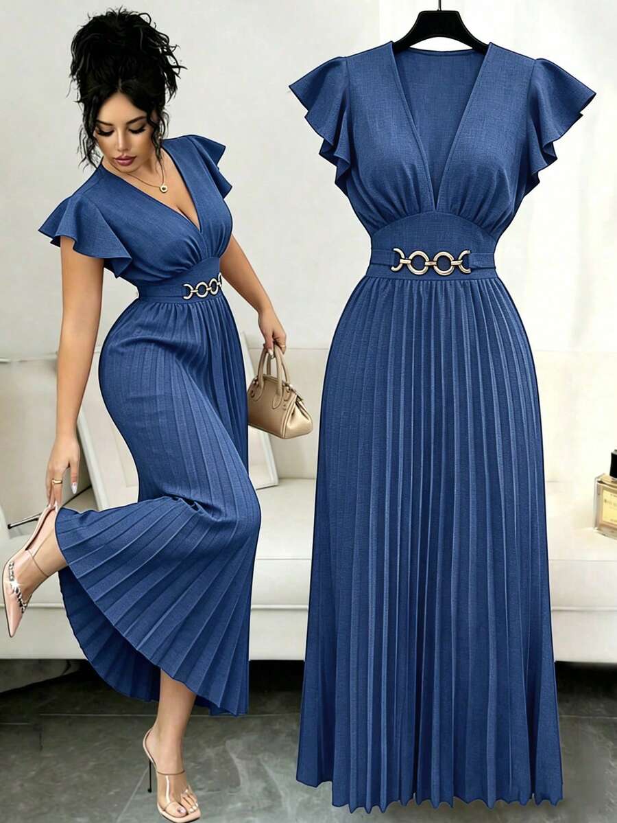 Elenzga New V-Neck Ruffle Sleeve Woven Solid Color Metal Decor Button Pleated Design Elegant Young Party Holiday Dinner Cocktail Maxi Dress For Women - Blue - View 1