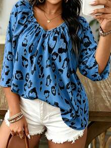 SHEIN LUNE 大码女式时尚印花撞色休闲衬衫，适合约会和旅行 - 藍色 - 查看 4