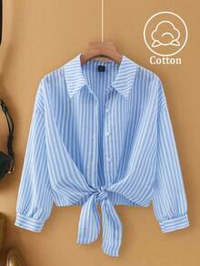 SHEIN Franclia Áo cardigan dài tay cổ bẻ kiểu Pháp thanh lịch, thắt nơ phía trước, áo sơ mi kẻ sọc dành cho nữ, hàng mới về mùa thu. - Màu xanh lam - Xem 1