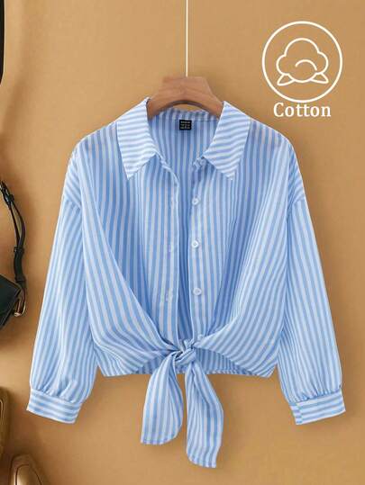 SHEIN Franclia 法式优雅梭织翻领长袖系带开衫，条纹女式衬衫，秋季新品