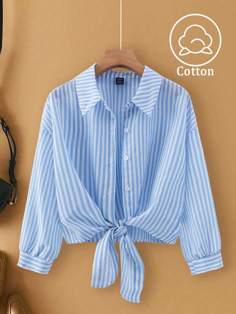 SHEIN Franclia Áo cardigan dài tay cổ bẻ kiểu Pháp thanh lịch, thắt nơ phía trước, áo sơ mi kẻ sọc dành cho nữ, hàng mới về mùa thu. - Màu xanh lam - Xem 1