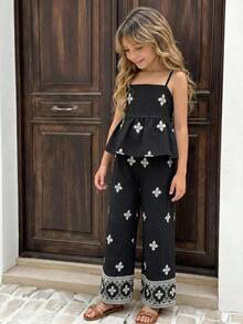 SHEIN 青少年女孩刺繡細肩帶背心與休閒長褲套裝 度假風 黑色 夏季 - 黑色 - 查看 7