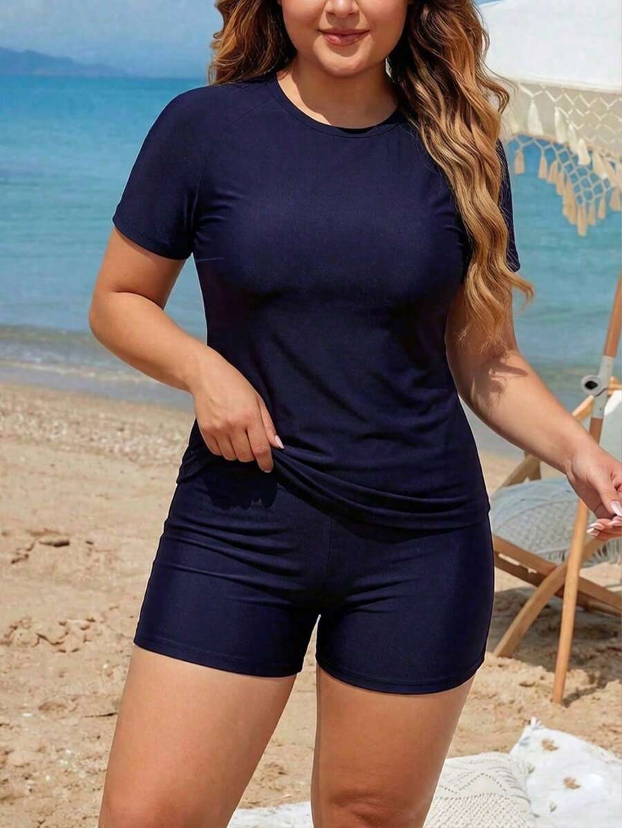 Swim SPRTY Set Tankini Kasual Lengan Pendek Raglan untuk Liburan Pantai Wanita Ukuran Besar Warna Biru Tua Musim Panas - Navy Blue - View 1