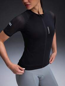 Powerista Women's Patchwork Sheer Mesh Raglan Sleeve Zip-Up Cycling Jersey Top - Black - View 3