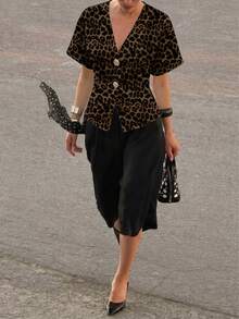 Aloruh 女士优雅蝙蝠袖双排扣豹纹休闲衬衫 - 彩色 - 查看 3