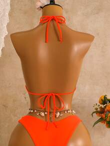 Swim Mod Women's Solid Color Halter Bikini Set, Summer Beach Vacation - Burnt Orange - View 2