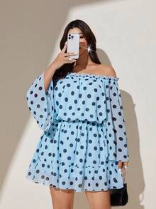 Viva Relle Bộ jumpsuit nữ cỡ lớn màu xanh chấm bi, trễ vai, chất liệu lưới, dây rút eo, viền bèo nhún, kiểu Pháp, trang phục thường ngày cho kỳ nghỉ xuân/hè. - Màu xanh lam - Xem 4