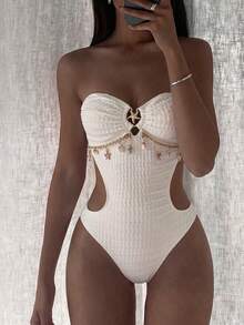 Swim Vcay 1 pièce Maillot de bain une pièce sexy dos nu avec bordure en tissu spécial de couleur unie pour femmes - Beige - Voir 1