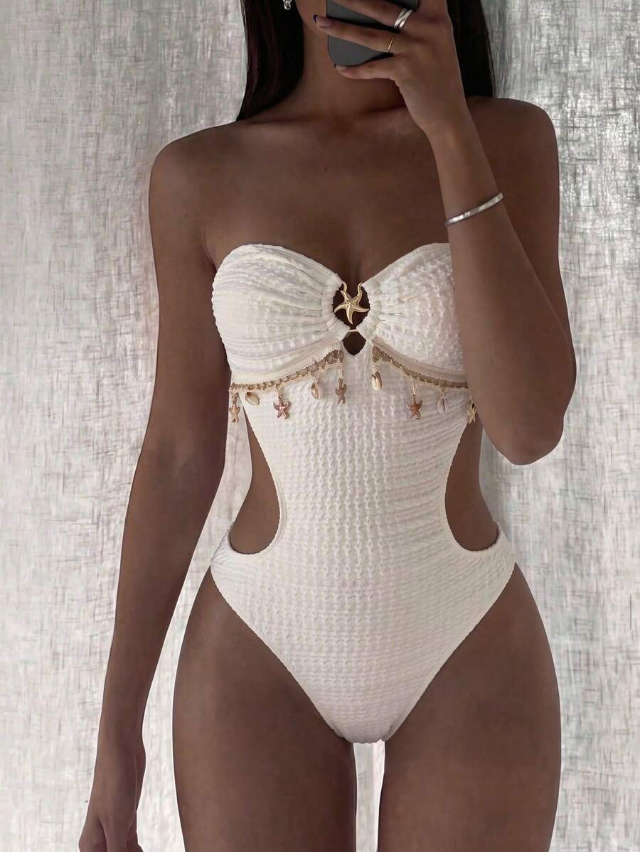Swim Vcay 1 pièce Maillot de bain une pièce sexy dos nu avec bordure en tissu spécial de couleur unie pour femmes - Beige - Voir 1