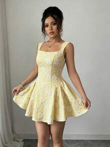 Rafferiza Đầm ngắn nữ màu xanh dương, cổ rộng, không tay, eo xếp ly, chất liệu jacquard, kiểu dáng thanh lịch và lãng mạn, thích hợp cho lễ tốt nghiệp, dạ hội, tiệc tùng, lễ hội âm nhạc hoặc kỳ nghỉ. - Vàng nhạt - Xem 4